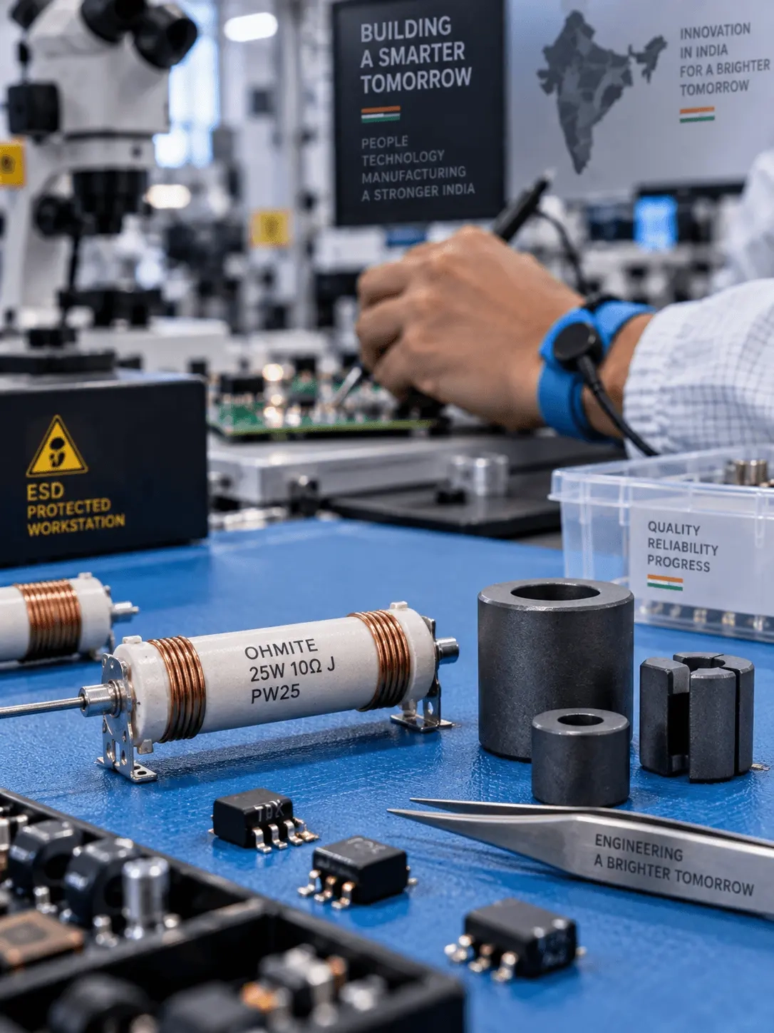 Electronic components on blue ESD workbench